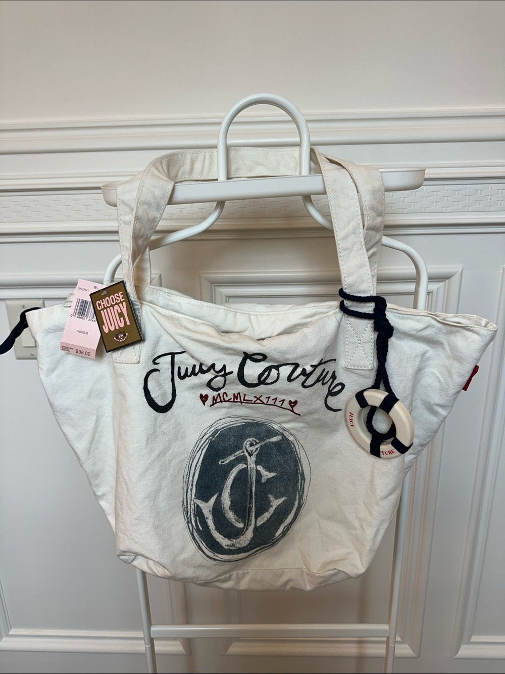 Juicy Couture White Canvas Tote with Anchor Graphic and Charm